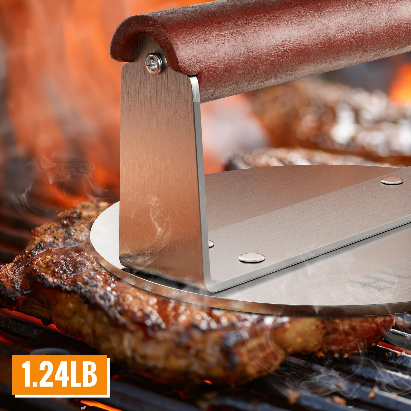 **HULISEN 6 Inch Stainless Steel Burger Smasher - Heavy Duty Hamburger Press with Wood Handle for Griddle & BBQ - Perfect for Smashed Burgers, Grilling, and Outdoor Cooking (1.24 lb, Gift Wrapping Included)**