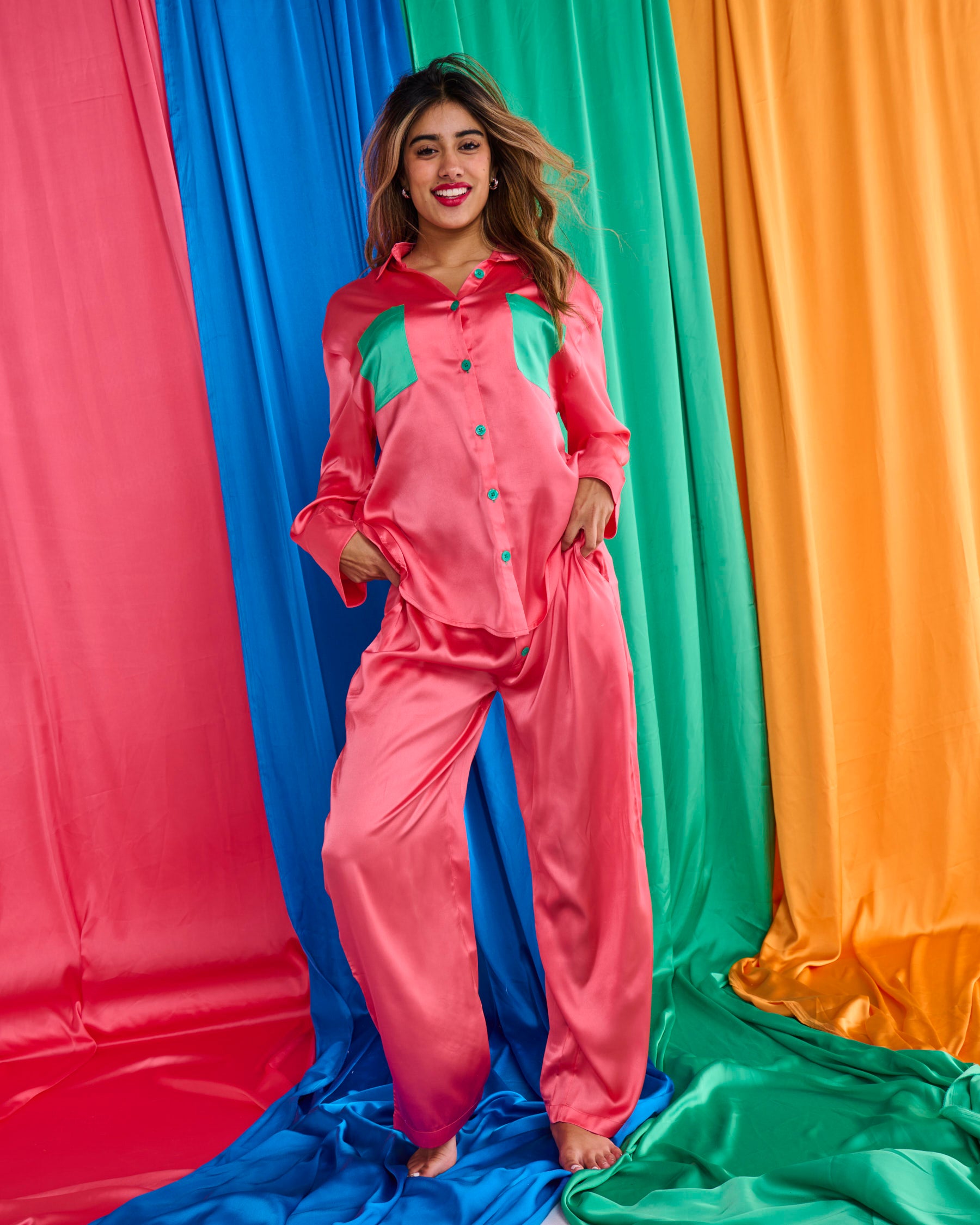 Eco-Friendly Satin Long Sleeve Pajama Set for Women - Cantaloupe Sleepwear with Comfortable Pants | Perfect for Lounge, Sleep & Relaxation at Home