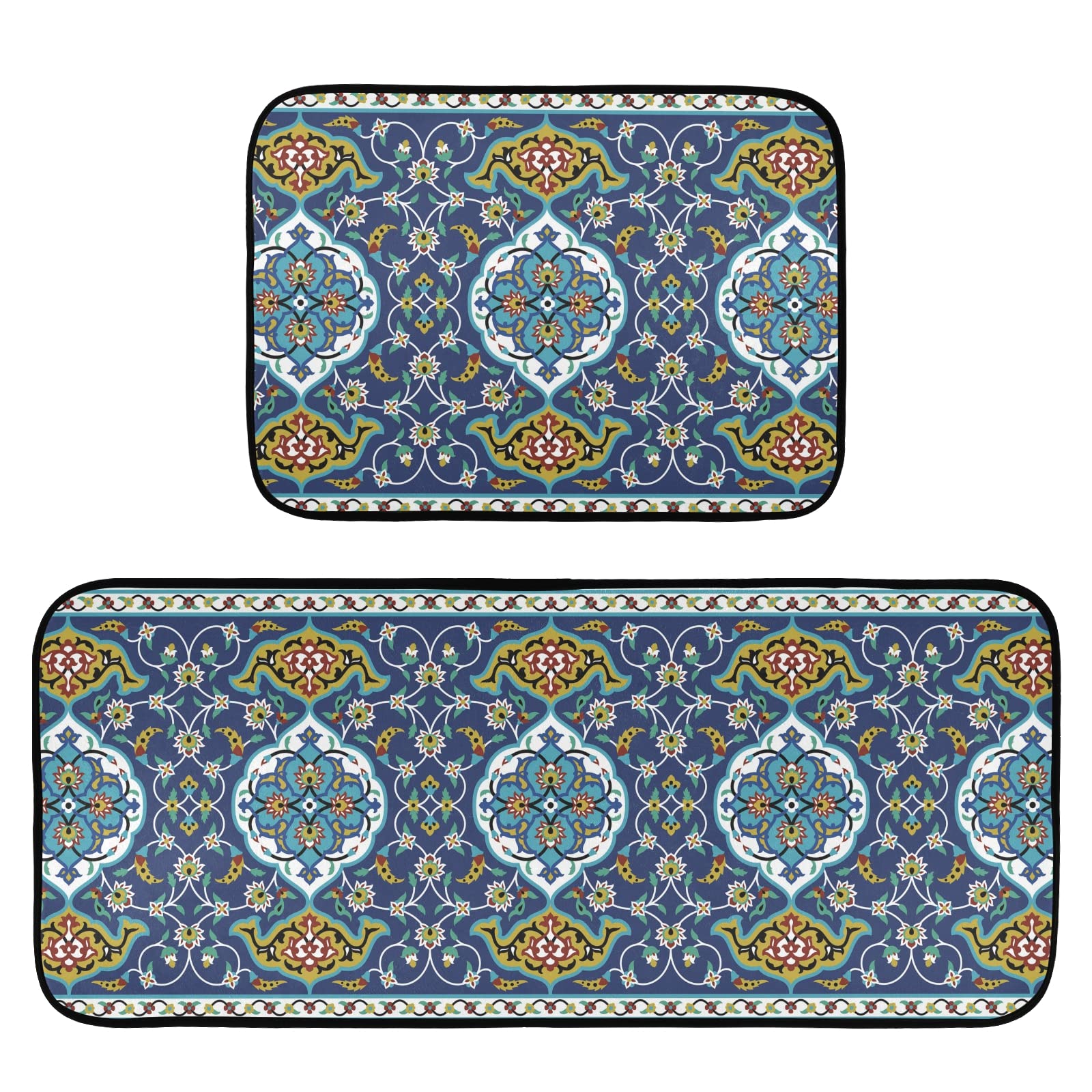 2-Piece Non-Slip Washable Kitchen & Bath Rugs Set - Cushioned Anti-Fatigue Floor Mats with Arabic Floral Islamic Design | Perfect for Kitchen, Bathroom & Prayer Areas | Ideal for Home Decor, Muslim Prayer Mats & Spa Style Bath Mats | Great for Ramadan, Eid Decor & Cozy Home Comfort