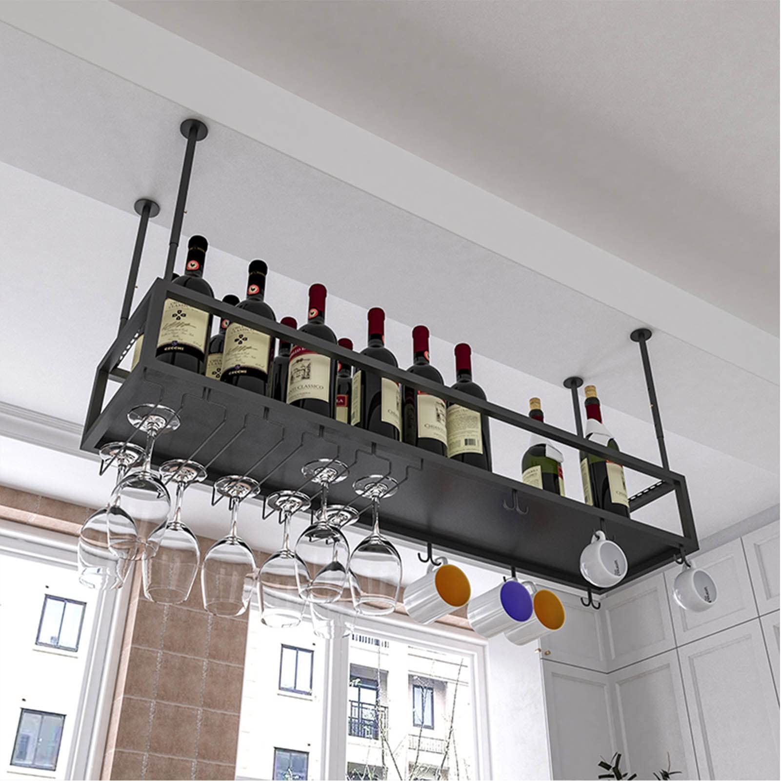 Black Iron Ceiling Hanging Wine Rack - Adjustable Height (60x25x21cm) for Wine Bottles & Glass Goblets Storage | Rustic Bar, Kitchen Decor | Perfect for Dining Rooms, Restaurants & Home Wine Cellars