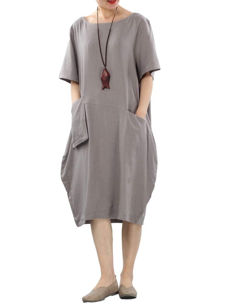 Modernmiss Women's Cotton Linen Casual Dress - Short Sleeve Loose Fit Summer Maxi Dress with Hi-Low Pockets | Beach Cover Up, Vacation Outfit, Boho Chic Fashion