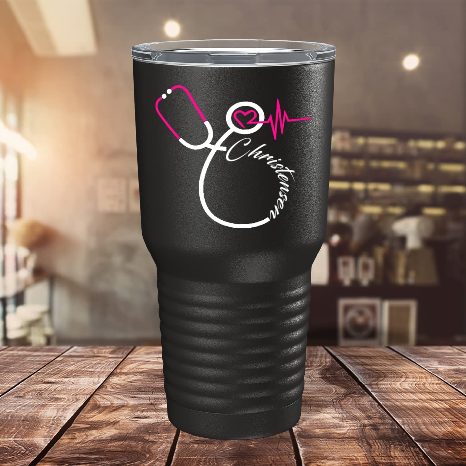 Personalized Nurse Pink & White Stethoscope Design 30 oz Stainless Steel Tumbler with Lid - Insulated Travel Mug for Coffee & Tea - Perfect Gift for Nurses, Medical Students & Healthcare Workers - Great for Hospitals, Clinics & Daily Commute