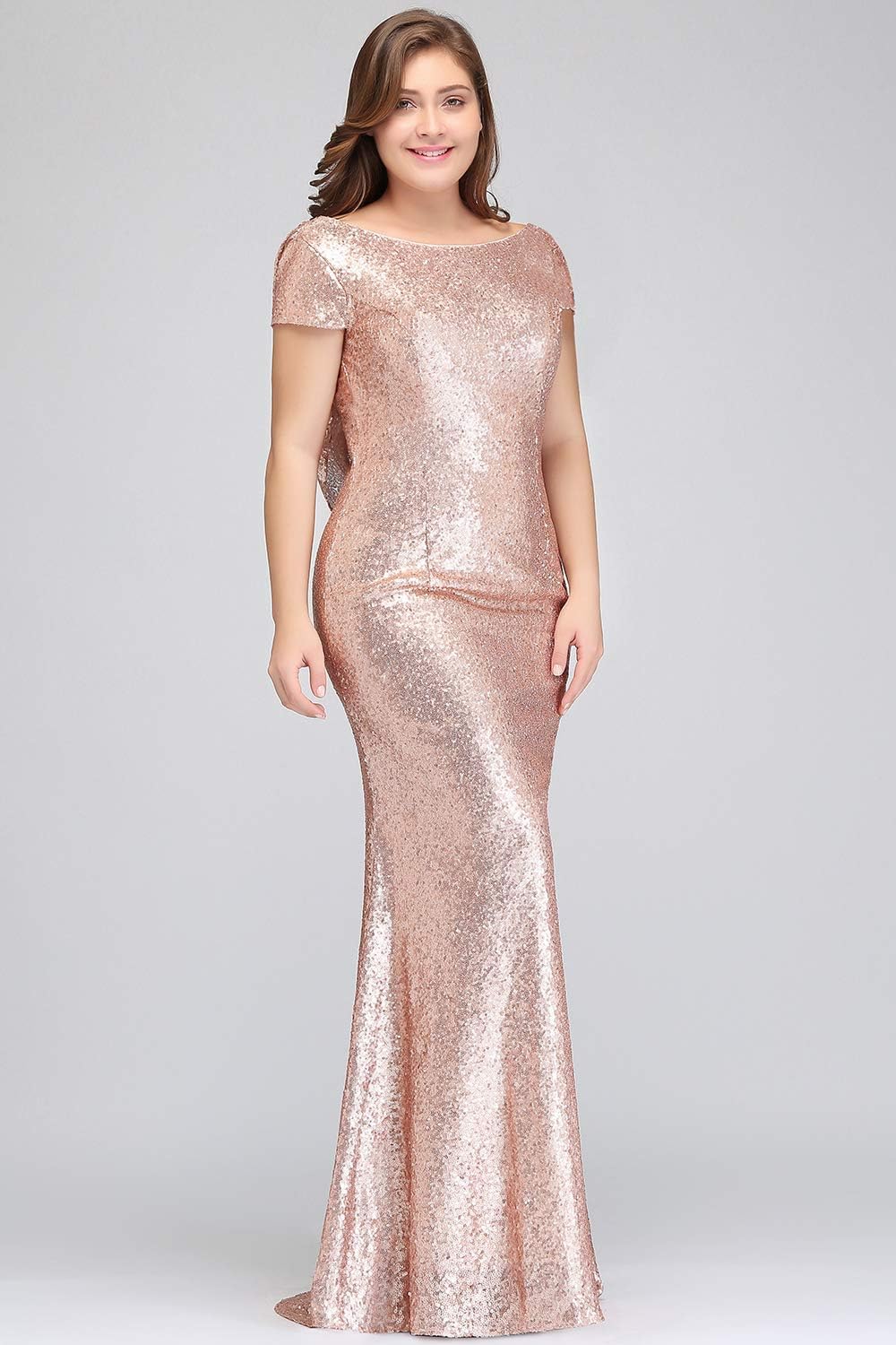 MisShow Women's Plus Size Rose Gold Sequin Prom Dress - Elegant Bridesmaid & Evening Gown for Formal Occasions, Weddings, Parties & Special Events