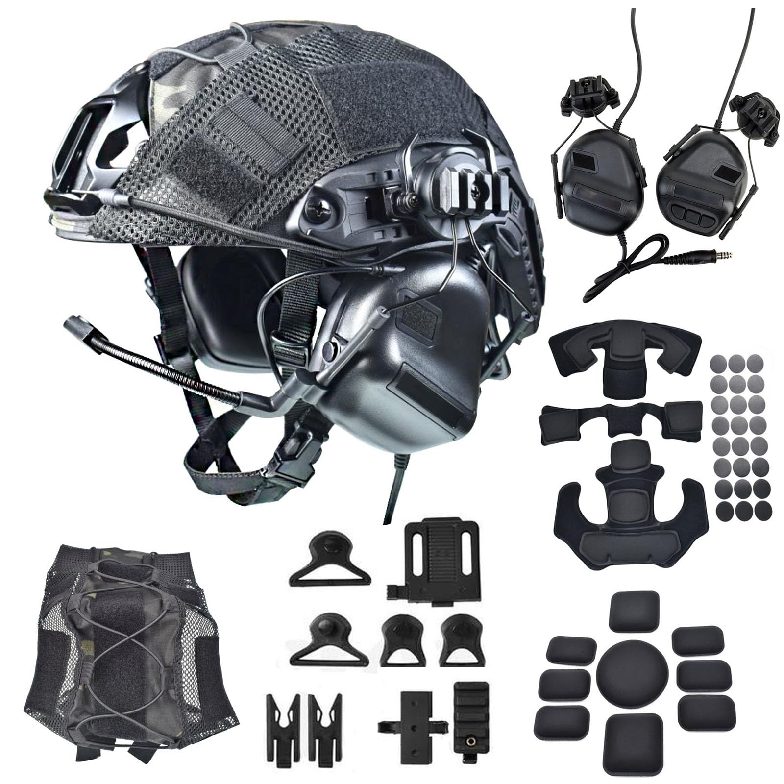 Tactical Airsoft Fast Helmet Set with Military Headset & Cover - Memory Foam Padding, Adjustable Size for Adults & Teens - Perfect for Paintball, Airsoft, Military Simulation & Outdoor Combat Training