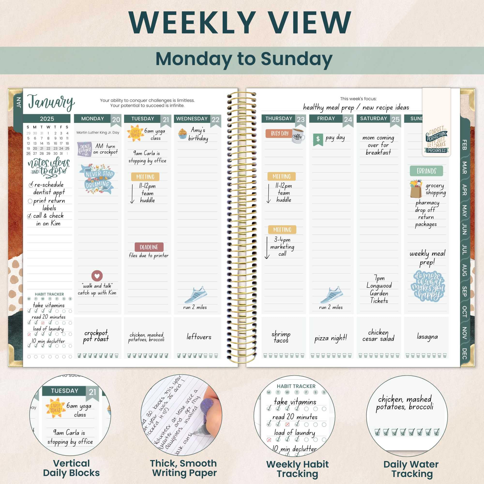 Bloom 2025 Daily Planner - Hardcover Goal & Vision Calendar (Jan-Dec 2025) with Monthly/Weekly Views - 7.5