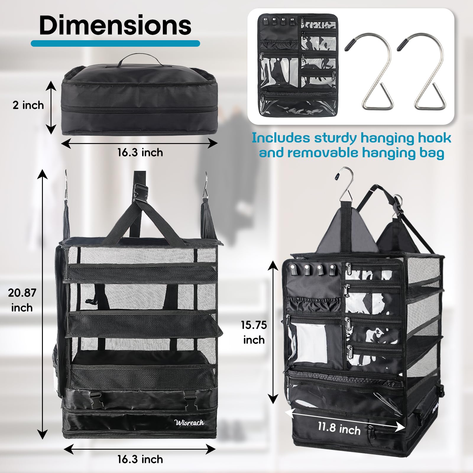 Premium Hanging Suitcase Organizer & Travel Shelves - Packing Cubes for Carry-on Luggage - Wrinkle-Free Clothes Storage - Black | Perfect for Business Trips, Vacations & Organized Travel Packing
