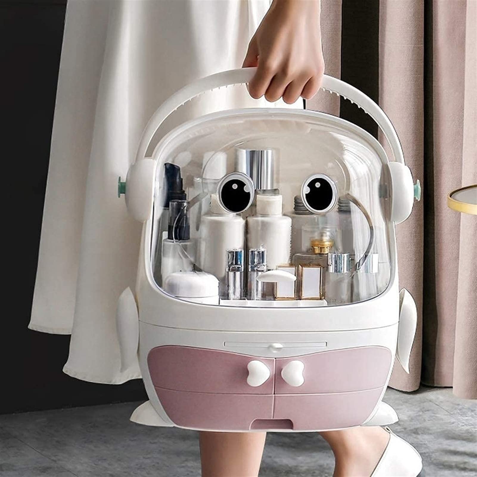 Portable Makeup Organizer with Dust-Free Cover & Waterproof Lid - High Capacity Cosmetic Storage Box with Handle, Dust-Proof Drawers - Perfect for Bathroom Countertop, Bedroom Dresser & Travel Use