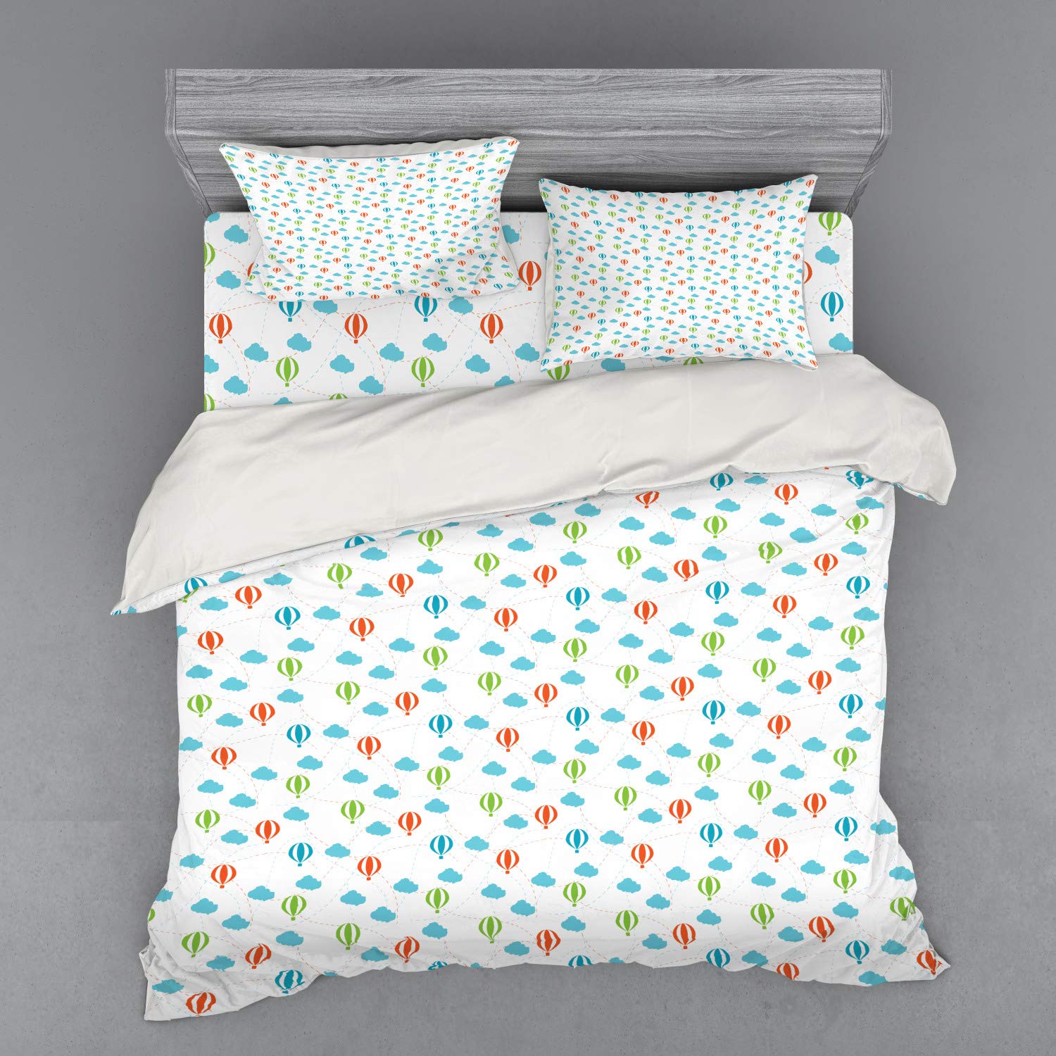 Lunarable Cartoon Duvet Cover Set - Hot Air Balloons Flying Among Puffy Clouds, 4 Piece Bedding Set with Shams & Fitted Sheet, King Size, Burnt Orange & Lime Green - Perfect for Kids' Rooms, Guest Bedrooms & Themed Decor