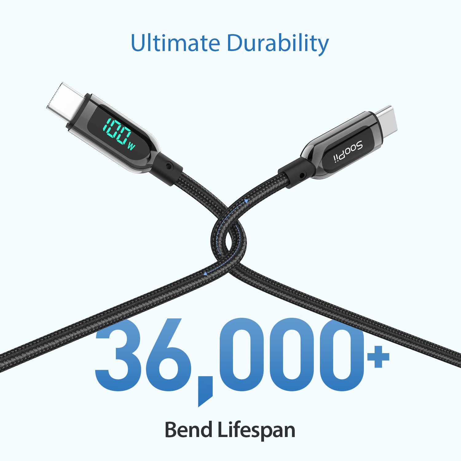 SOOPII 100W 1FT USB C to USB C Fast Charging Cable - Nylon Braided with LED Display - Compatible with iPhone 15/15 Pro/15 Plus/15 Pro Max, iPad Air, MacBook Pro, Galaxy S24/S23, Pixel, LG (Black) - Perfect for Home, Office & Travel Charging
