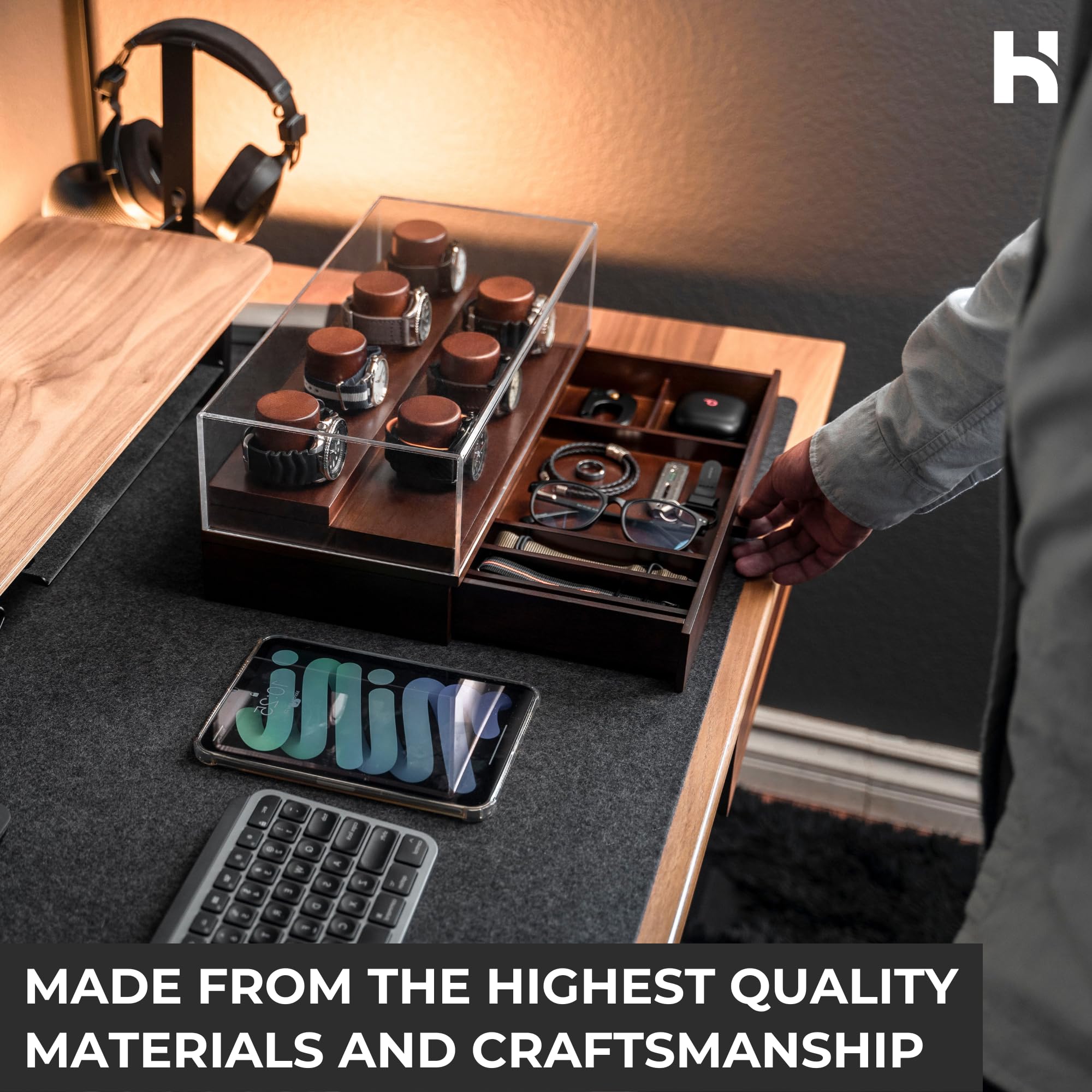 Holme & Hadfield Premium Wooden Watch Display Case for 7 Watches – Luxury Watch Organizer Box with Glass Top – Perfect Birthday Gift for Men & Watch Collectors – Lifetime Warranty – Ideal for Home, Office & Travel Storage