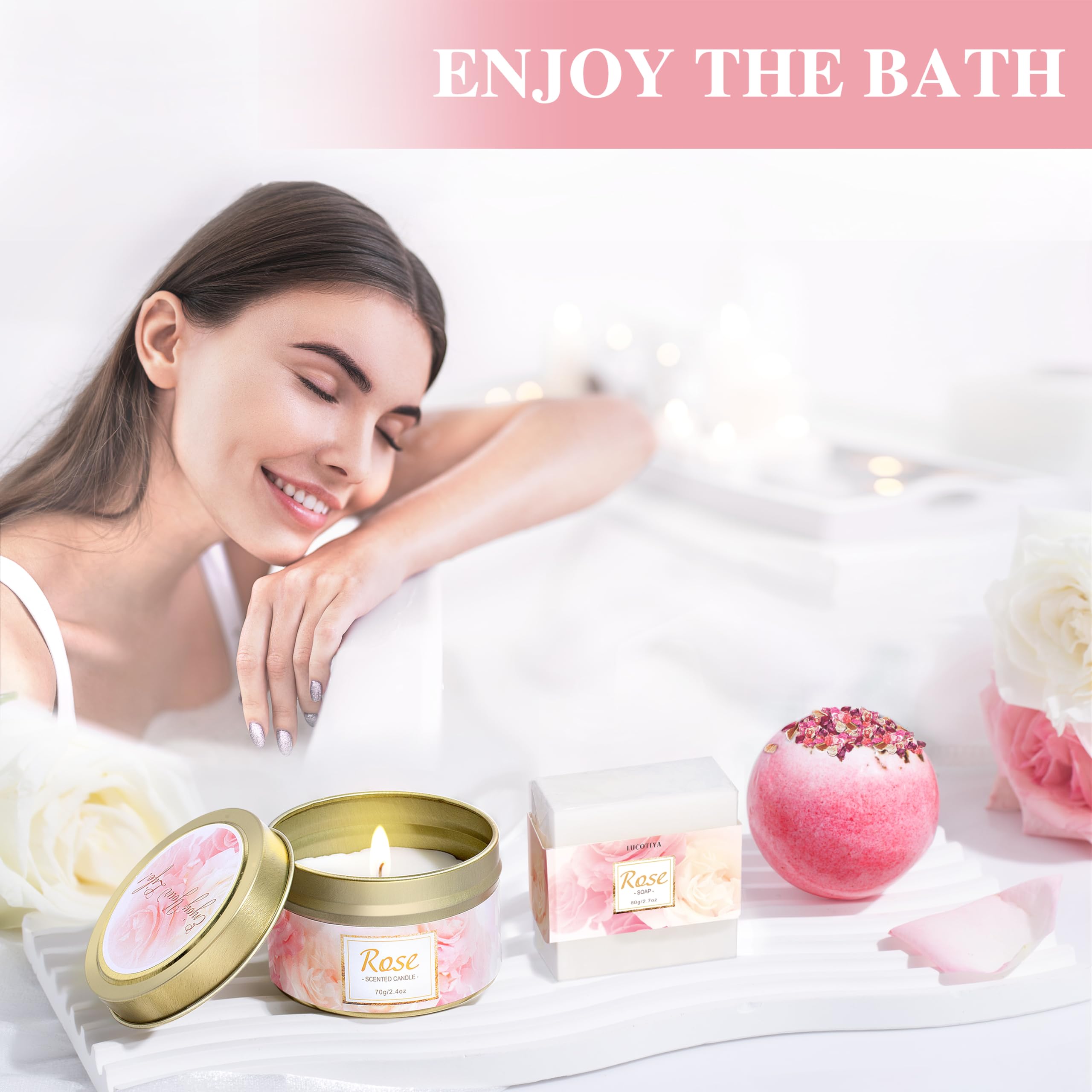 LUCOTIYA Spa Gift Basket for Women - Rose Scented Bubble Bath Set, Birthday Gifts for Mom, Teacher, Sister | Relaxing Self-Care & Romantic Bath Time