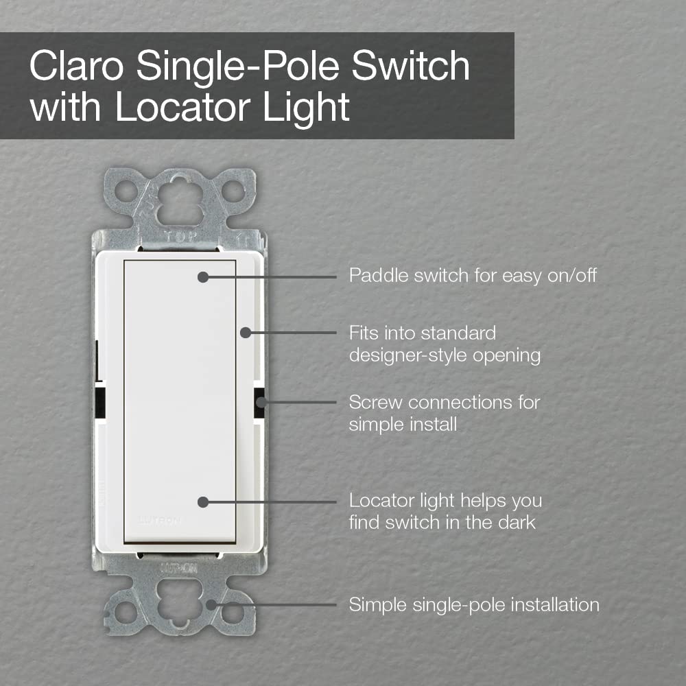 Lutron Claro 15 Amp Single-Pole Rocker Light Switch with Locator Light, CA-1PSNL-WH, White - Perfect for Bedrooms, Hallways, and Staircases