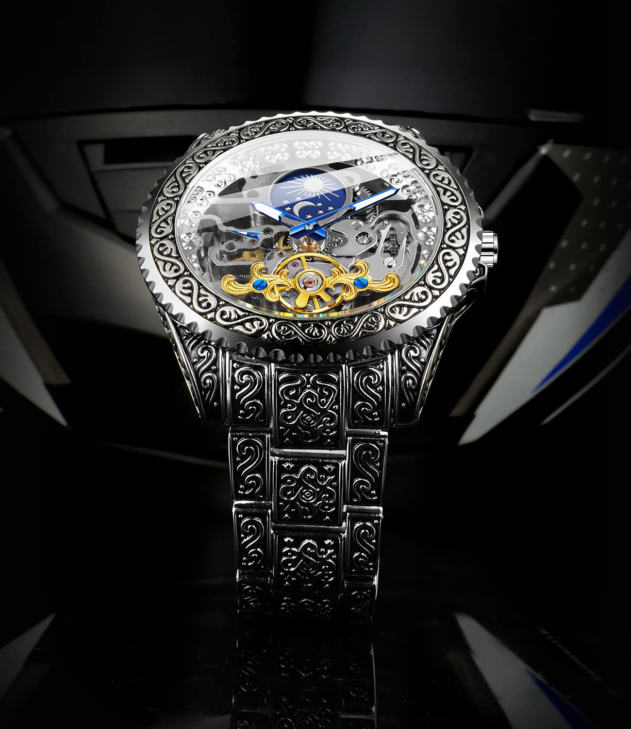 Mechanical Skeleton Watch for Men - Automatic Self-Wind Moonphase Wristwatch with Unique Tattoo Carved Design (FH094) - Perfect for Formal Events, Business Meetings & Luxury Gifts