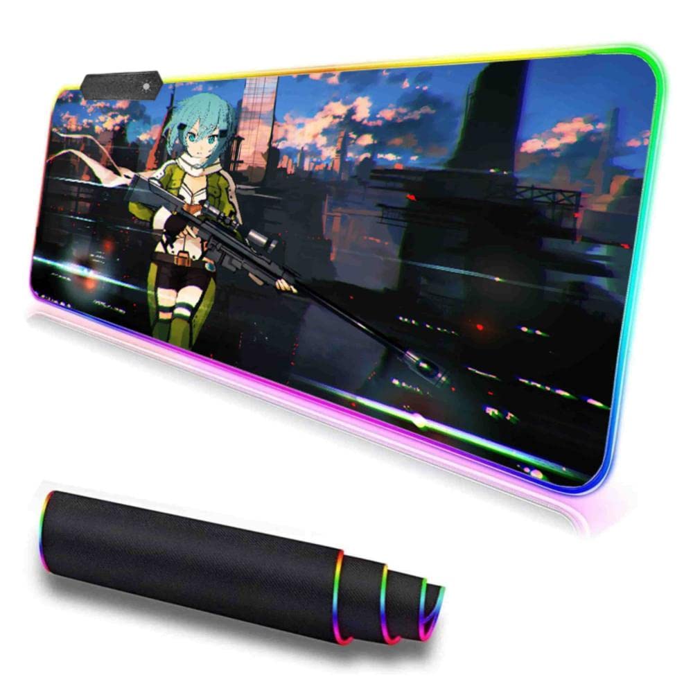 RGB Gaming Mouse Pad with Sniper Gun Shino Anime Design - Sword Art Online LED Luminous Non-Slip Keyboard Mouse Mat (300x600mm) - Perfect for Gaming Setups & Anime Enthusiasts