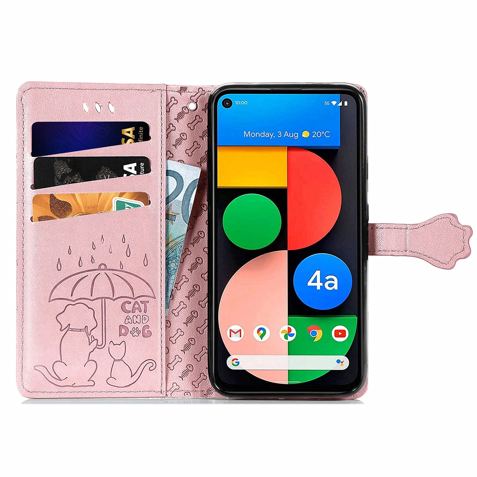 Cute Cartoon Wallet Case for Google Pixel 5A 5G - Cat & Dog Style Flip Cover with ID Card Holder, PU Leather Phone Case (Rose Gold) - Perfect for Daily Use, Travel & Hands-Free Convenience