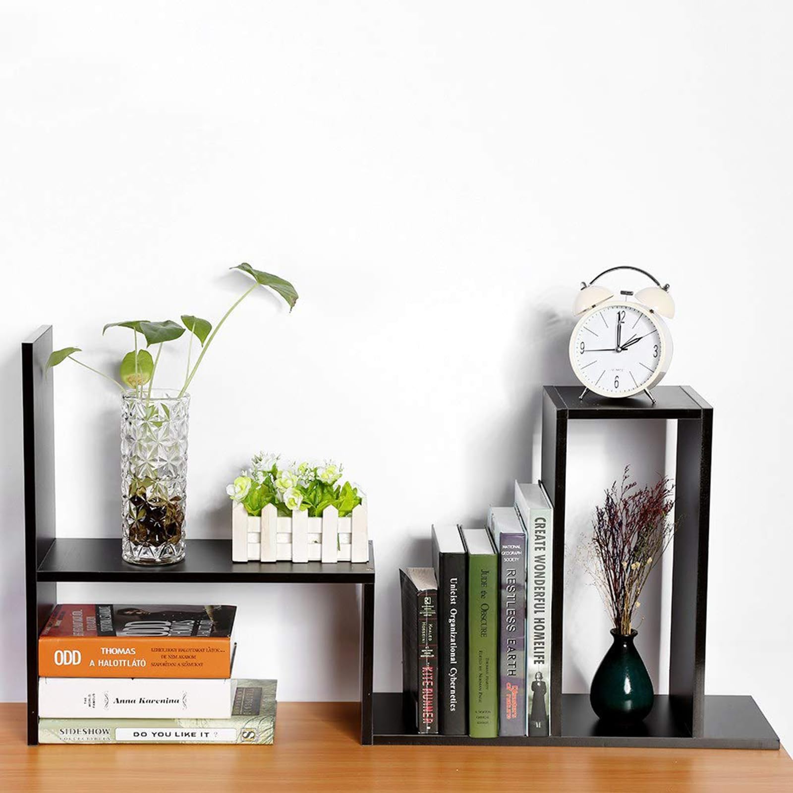 Adjustable Desktop Shelf Organizer - Expandable Bookshelf Display Rack for Office Storage | Versatile Desk Organizer with Free Style Design | Perfect for Home Office, Study Room & Workspace Organization (Black)