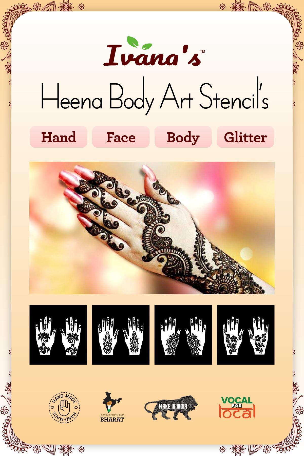 IVANA'S Henna Tattoo Stencil Kit for Hands, Body, Fingers & Face - Temporary Mehndi Art for Kids, Girls & Women - Design NIV-329 (Black, Medium) - Perfect for Parties, Weddings & Festive Celebrations