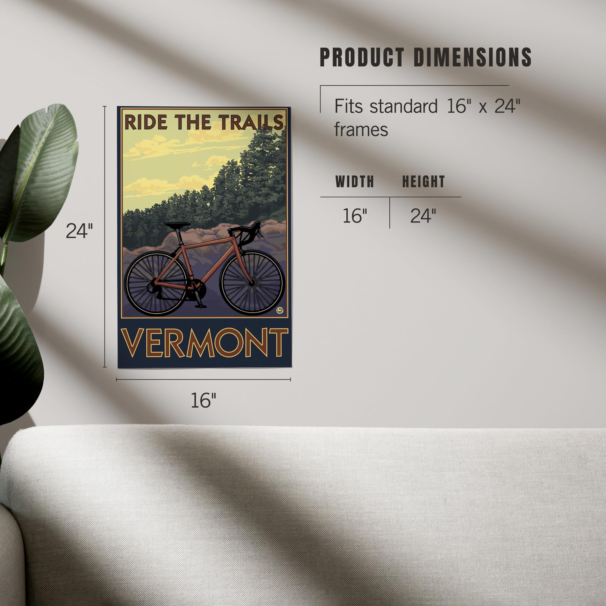 Lantern Press 16x24 Inch Giclee Art Print - Vermont Bicycle Scene Wall Decor | Premium Canvas Painting for Living Room, Bedroom & Office