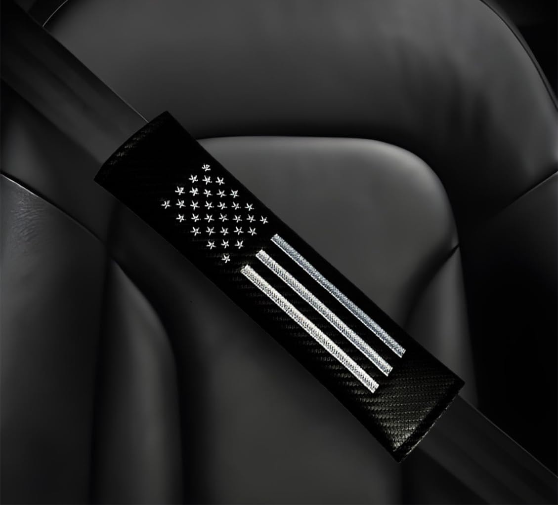 2PCS USA Flag Car Seat Belt Covers - Carbon Fiber Shoulder Pads for Comfort & Safety | American Flag Car Accessories for Patriotic Drivers & Road Trips