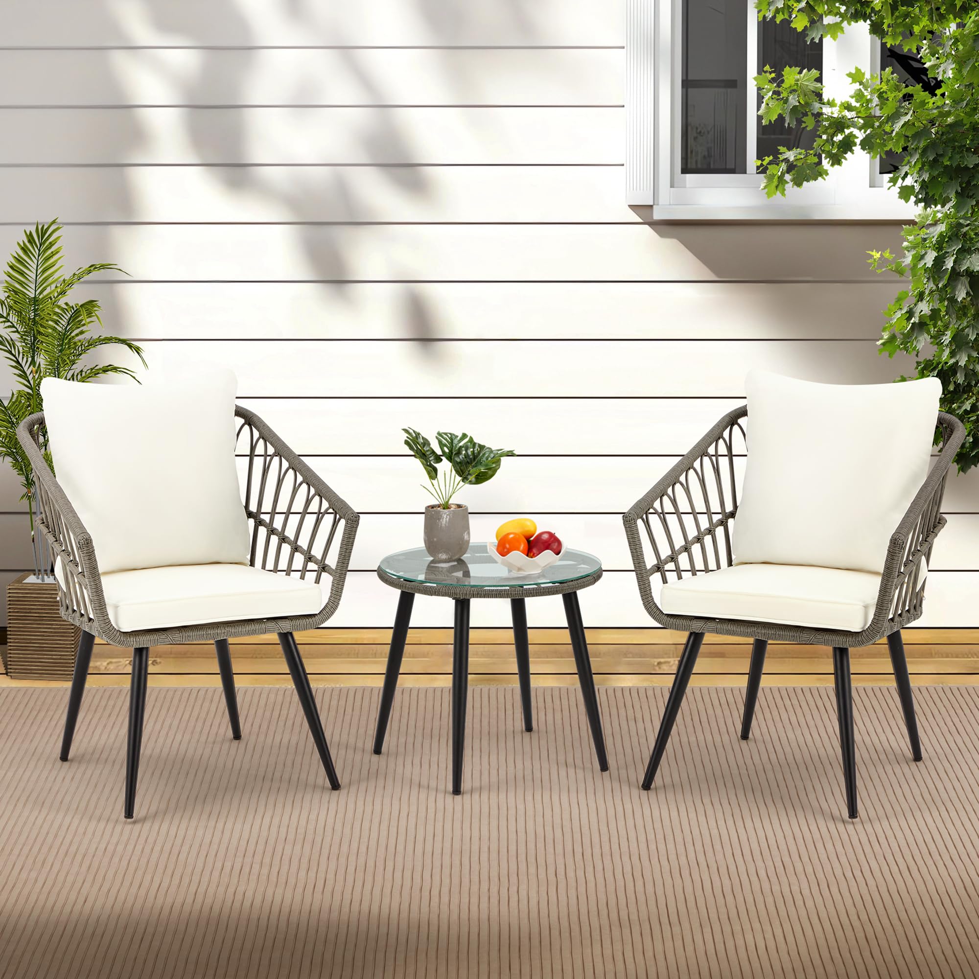 EcoTouge 3-Piece Wicker Bistro Set - Patio Rattan Dining Table with Glass Top & Cushioned Chairs - Outdoor Conversation Furniture for Porch, Backyard, Garden (Grey) - Perfect for Al Fresco Dining and Relaxing in Your Outdoor Space