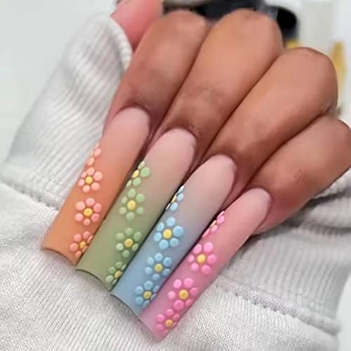 **Ezpieces 24PCS Fake Press on Nails with Glue - Long Coffin Acrylic Nails with 3D Floral French Tip for Women | Daily Wear & Party | Artificial Nails for Salon-Quality Manicure at Home**