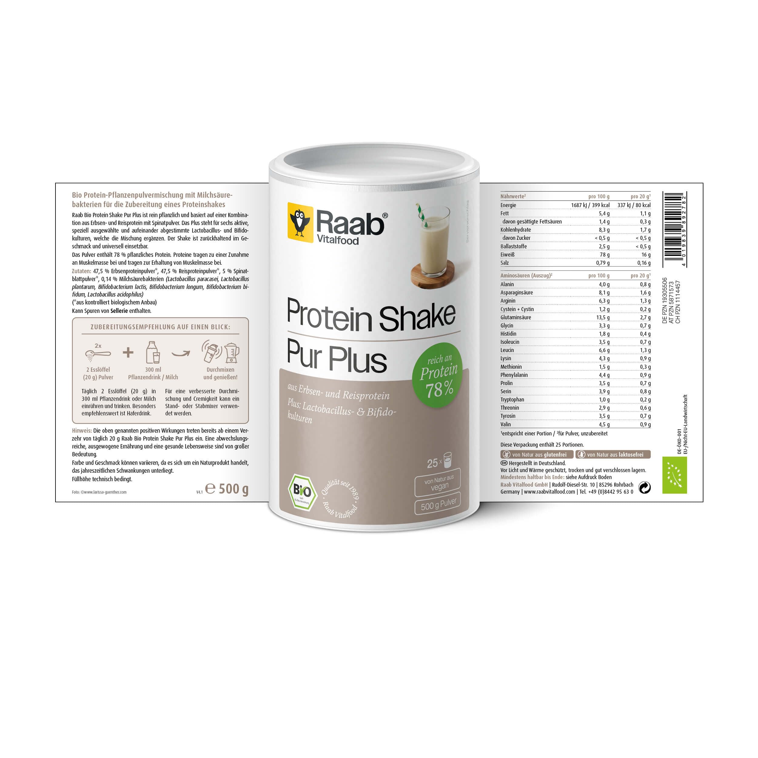 Raab Vitalfood Organic Protein Pure Shake PLUS - Plant-Based Protein Powder with Probiotics, 500g Can - Ideal for Post-Workout Recovery & Vegan Nutrition