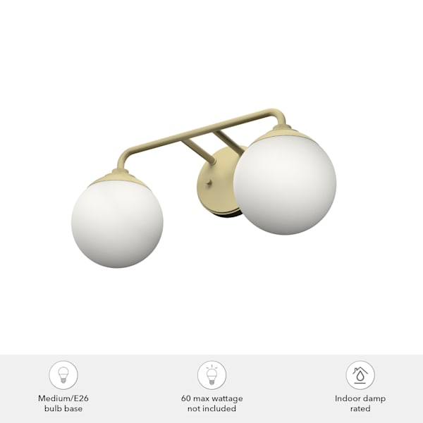 Hunter Hepburn 2-Light Vanity Light in Modern Brass Finish - Perfect for Bathroom, Bedroom, and Dressing Room Lighting