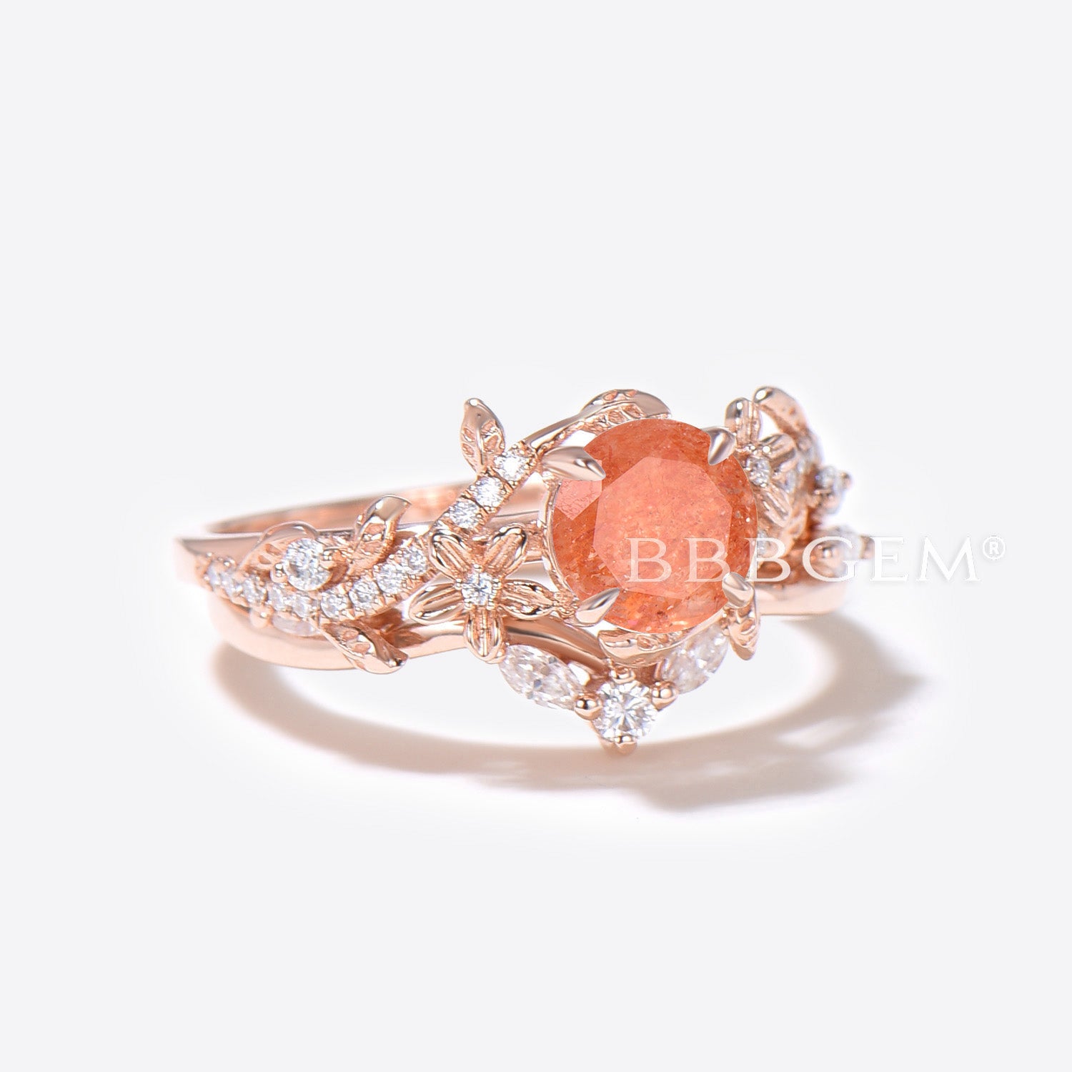 Twig Leaf Round Sunstone Engagement Ring Set - Rose Gold Floral Wedding Band for Women, Perfect for Bridal Jewelry, Proposals & Anniversary Gifts
