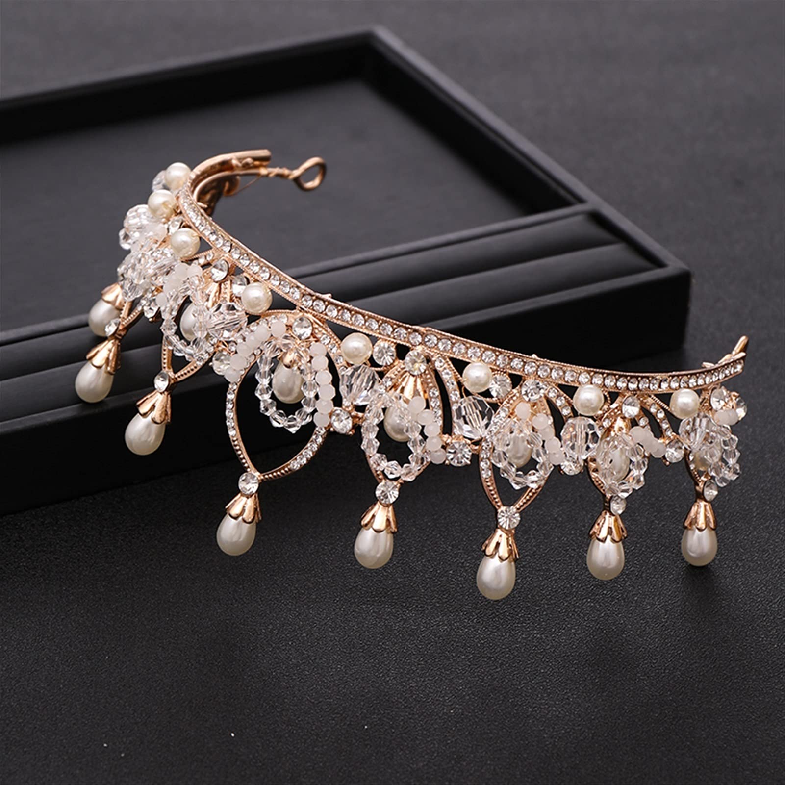Trendy Rhinestone Crystal Pearl Wedding Crown - Golden Princess Headdress for Brides | Elegant Bridal Hair Accessories for Weddings, Prom & Special Occasions