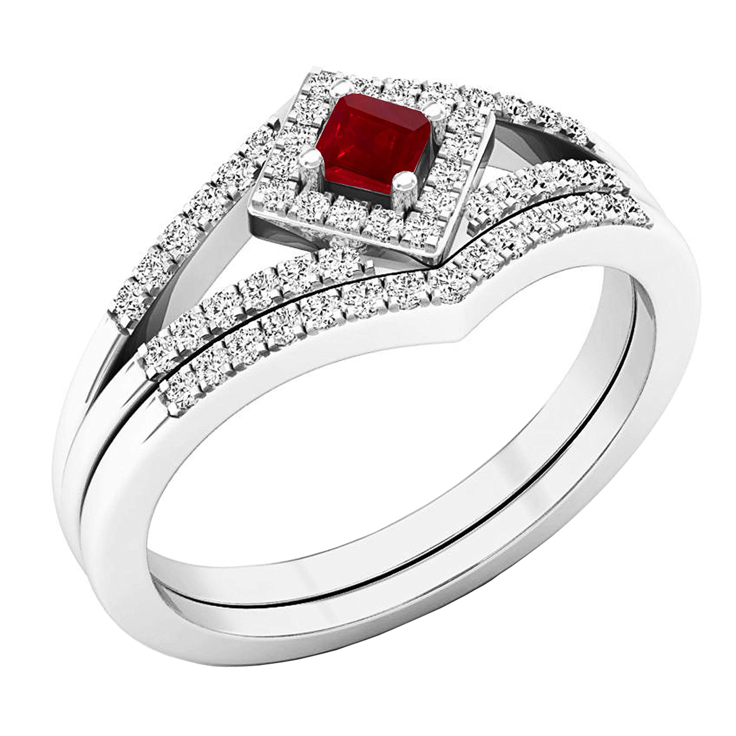 Dazzlingrock 2.5mm Princess Cut Gemstone & Round White Diamond Sterling Silver Split Shank Engagement Ring Set for Women - Perfect for Proposals, Anniversaries and Special Occasions