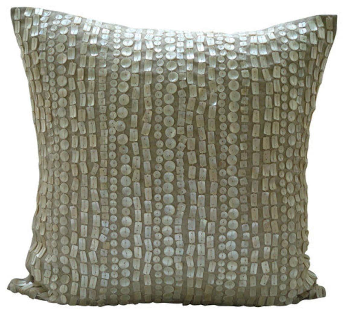 HomeCentric Linen Pillow Cover 20x20 Inch (50x50 cm) - Mother of Pearls Design, Ecru Throw Pillow Case for Sofa, Bed & Living Room Decor