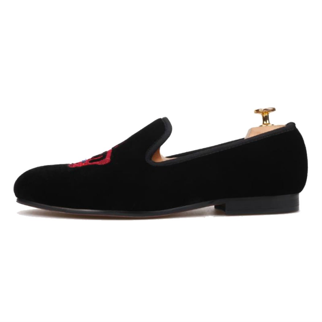 FERUCCI Handmade Men's Black Velvet Loafers with Burgundy Crown - Luxurious Velvet Slippers for Men - Perfect for Home, Lounge & Special Occasions