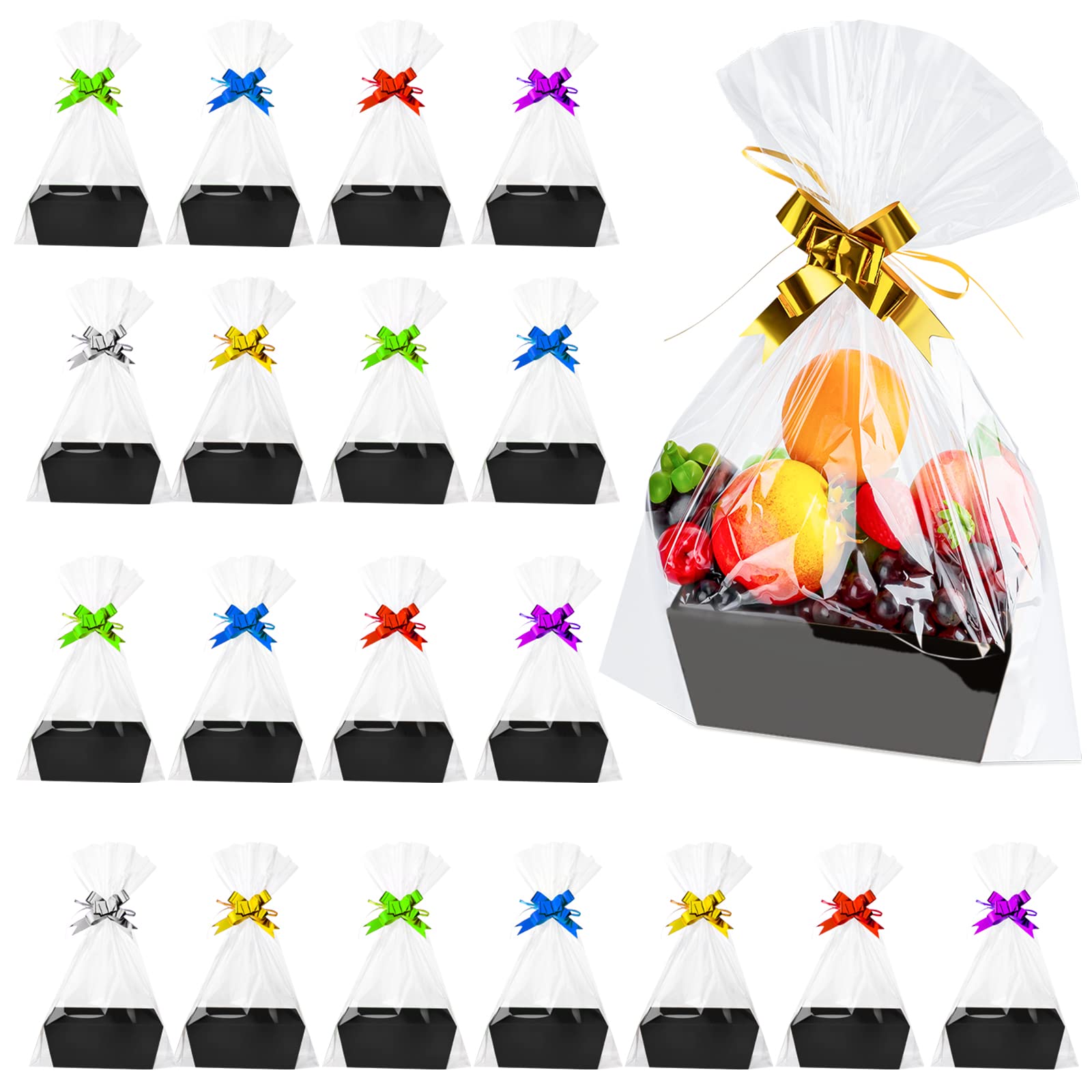 Fainne 74-Piece Gift Basket Set - 20 Empty Wicker Baskets with Handles, 30 Plastic Bags & 24 Multicolor Ribbon Bows for Christmas, Thanksgiving, Wedding, Birthday Party Favors (Black) - Perfect for Holiday Gifting, Corporate Events & DIY Gift Packaging