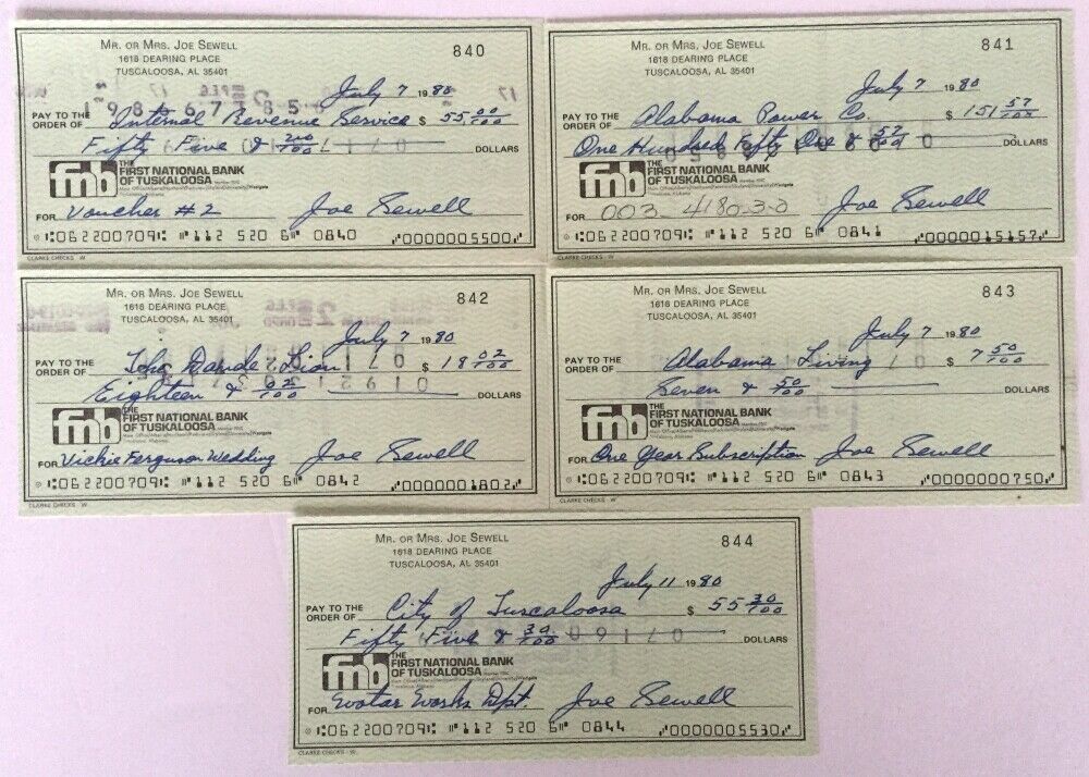 Joe Sewell Cleveland Indians Autographed Signed Checks (Lot of 5) - Authentic Baseball Memorabilia for Collectors & Sports Fans - Perfect for Framing, Display, or Investment