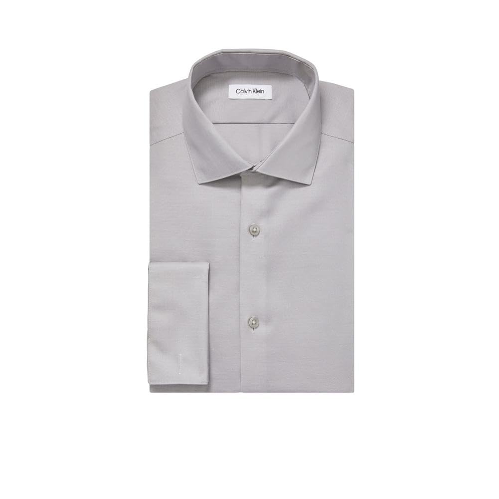 Calvin Klein Men's Non-Iron Slim Fit French Cuff Dress Shirt | Wrinkle-Free Business Shirt | Smoke Color | 17.5