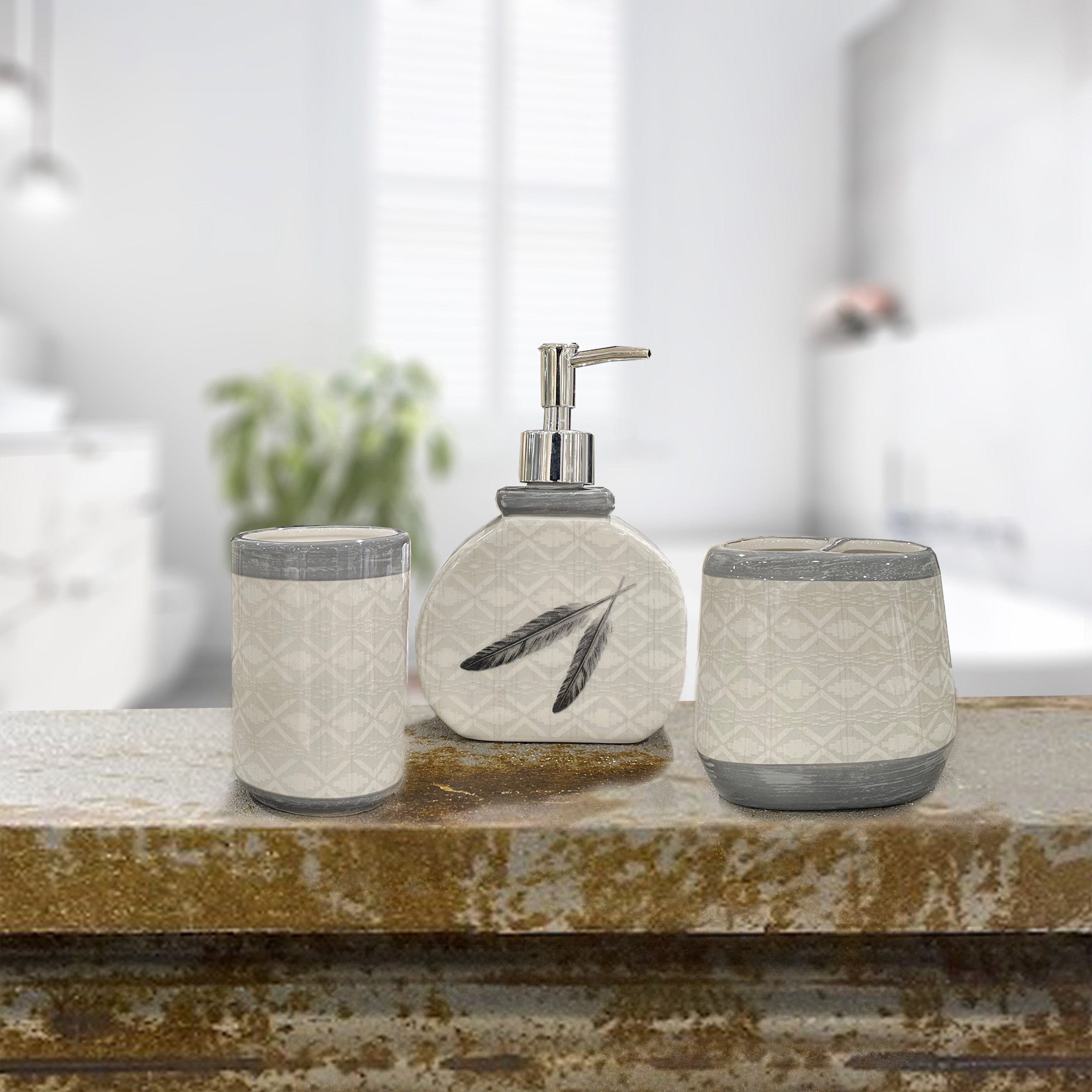 Feather Design 3-Piece Bathroom Countertop Set - Soap Dispenser, Toothbrush Holder & Tray - Elegant Vanity Decor for Modern Homes