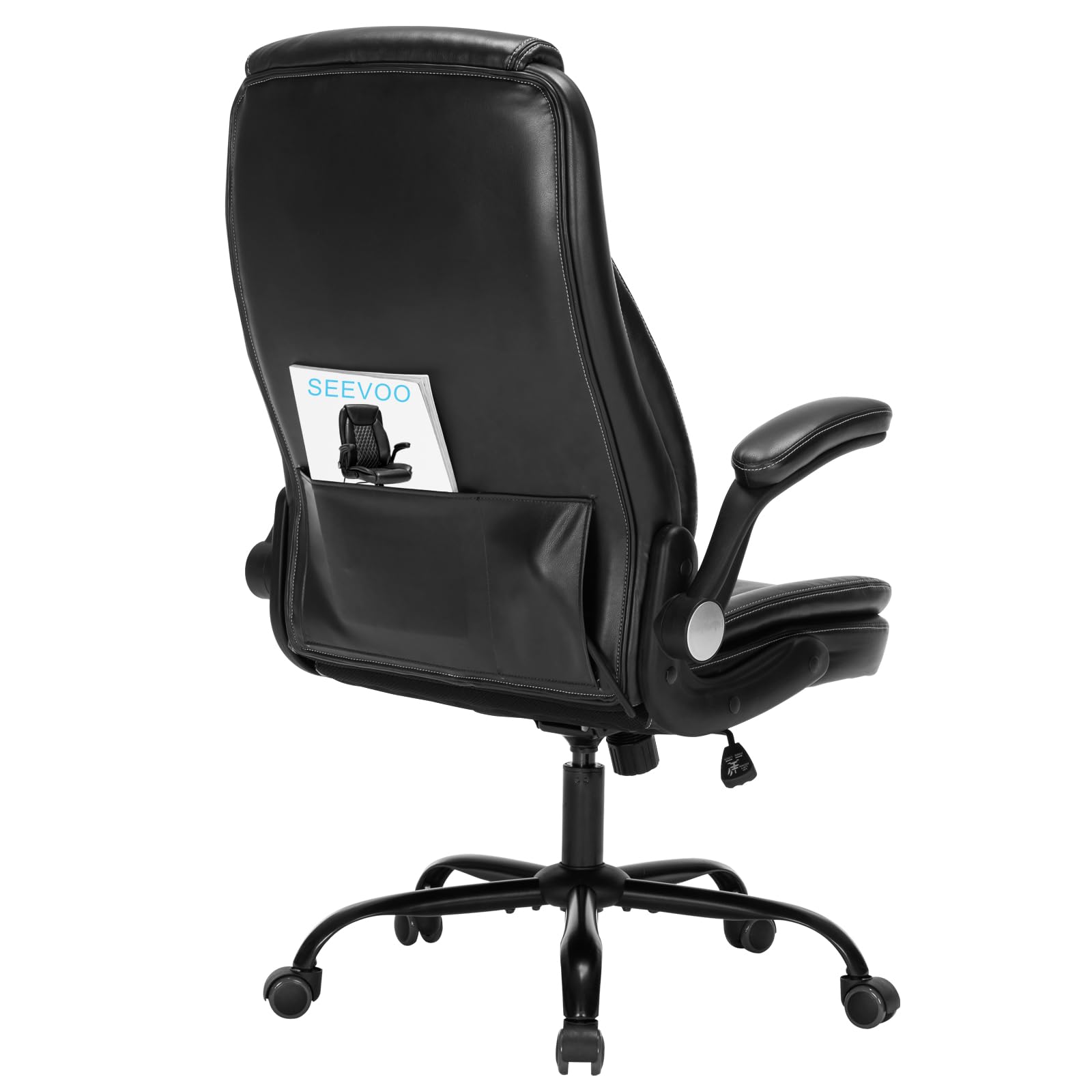 Ergonomic High Back Office Chair - Adjustable Lumbar Support & Flip-Up Arms PU Leather Desk Chair with Spring Cushion for Home Office, Gaming & Computer Workstation