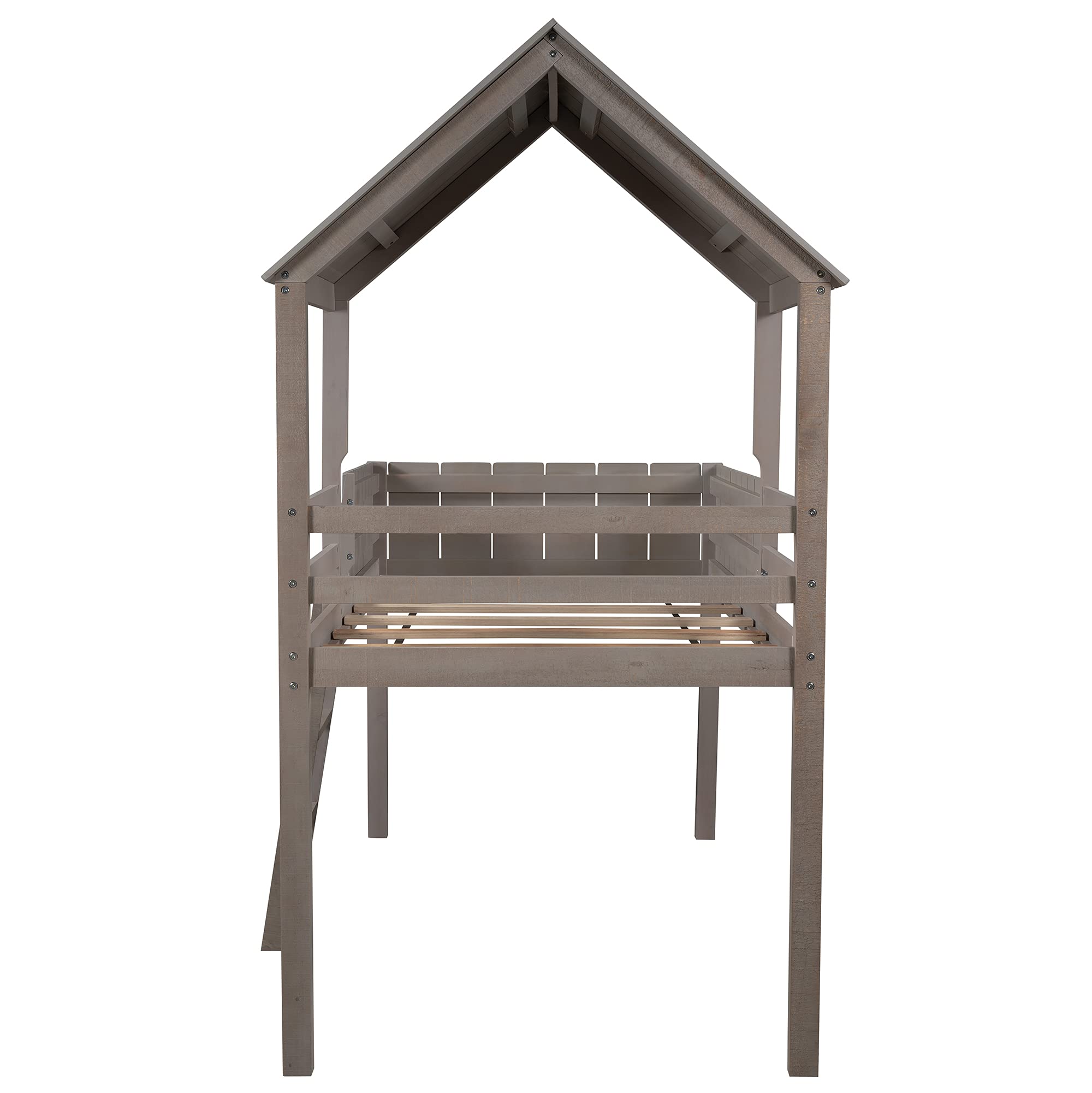 Twin Size Solid Wood Loft Bed for Kids - Playhouse Bed Frame with Roof, Guardrail & Ladder - Farmhouse Style House Bed, No Box Spring Needed (Gray Wash) - Perfect for Small Bedrooms, Playrooms & Kids' Sleepovers