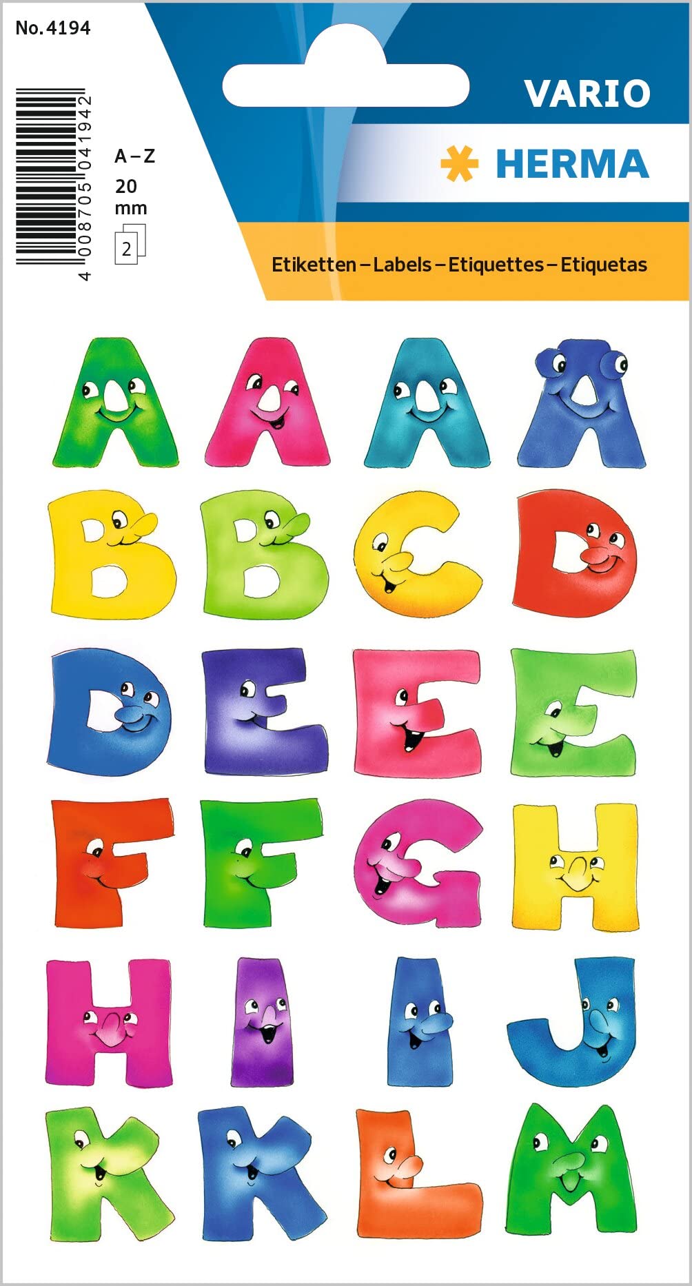 Hermas Alphabet Letter Stickers A-Z with Funny Faces - Self-Adhesive Paper Stickers for Scrapbooking, DIY Crafts, and Kids' School Projects - Perfect for Journals, Planners, and Classroom Decorations