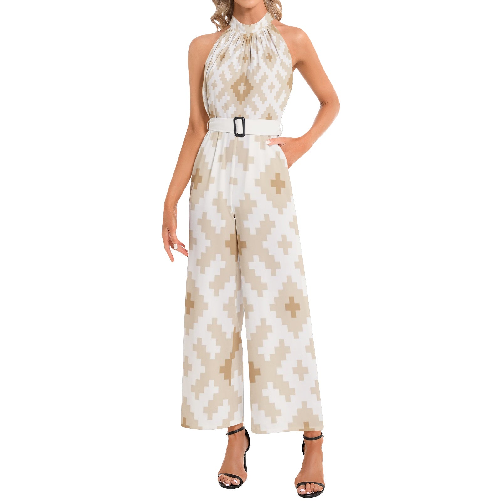 Women's Halter Neck Buckle Belted Jumpsuit - Sierra Cloud Print Fashion Romper for Summer, Beach & Vacation Outfits