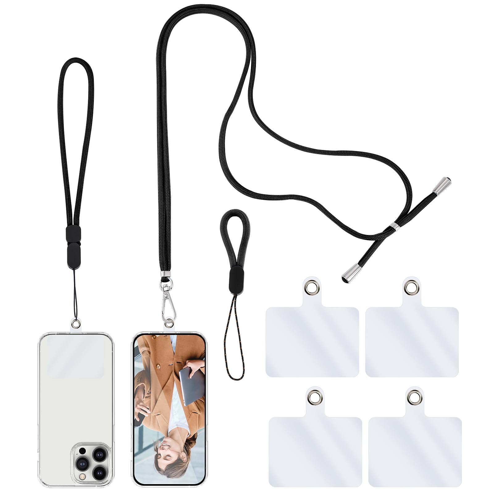 Simarro Universal Cell Phone Lanyard - Adjustable Crossbody Neck Strap with Wrist & Finger Loops - Includes 4× Phone Patches (Black) - Perfect for Work, Travel, Shopping & Outdoor Activities