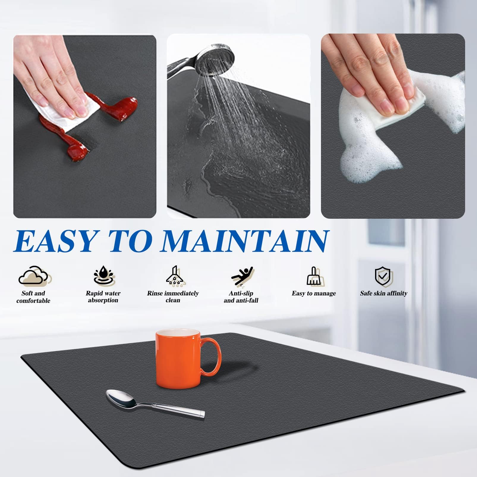 Whixant Quick Dry Dish Drying Mat for Kitchen Counter - 30x40cm Non-Slip Silicone Draining Board Mat - Perfect for Dishes, Utensils & Cutting Boards - Ideal for Kitchen Sink, Countertop & Dish Rack Use