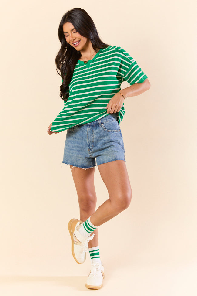 Color Wave Green and Oatmeal Striped Knit Boxy Tee - Women's Casual Loose Fit T-Shirt | Trendy Striped Top for Everyday Wear, Outfits & Layering
