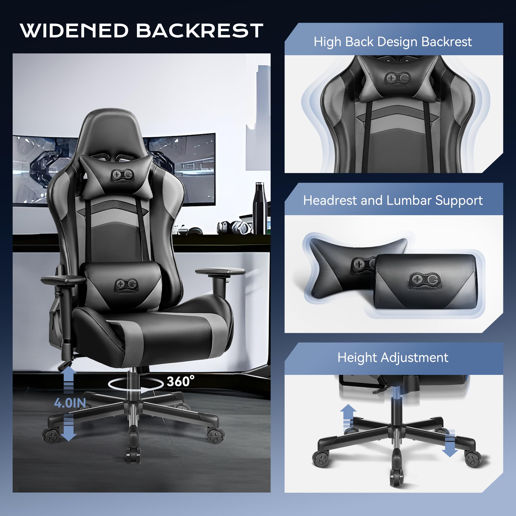 OneGame Black Gaming Chair for Adults - Ergonomic Computer Chair with Adjustable Height, Headrest & Lumbar Support - Racing Style Gamer Chair in Black/Gray - Perfect for PC Gaming, Office Work & Home Entertainment