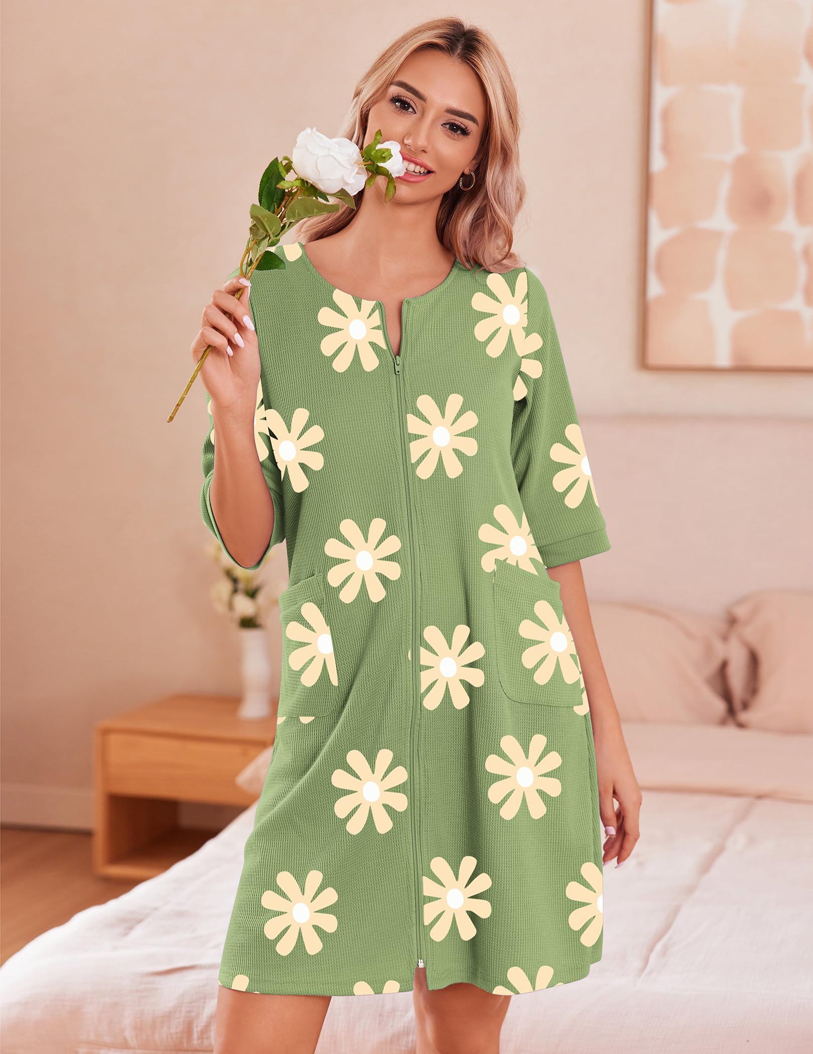 Ekouaer Women's Lightweight Short Waffle Bathrobe with Pockets - Zip Up Knee Length Housecoat Nightgown S-3XL - Perfect for Spa, Lounge & Home Relaxation