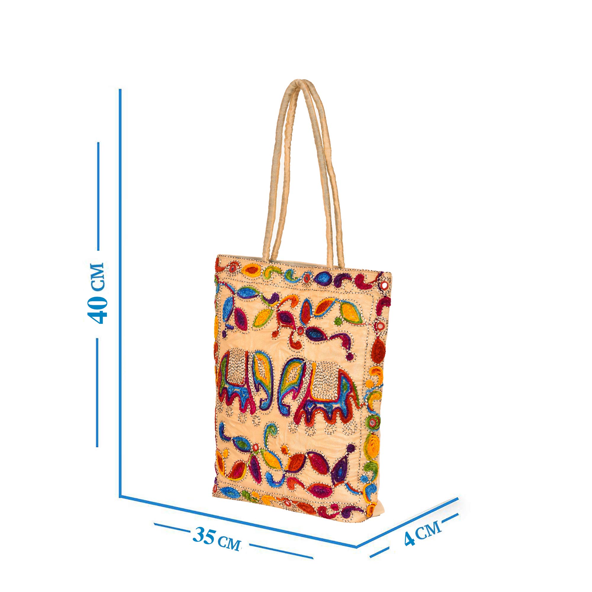 Stylish Rajasthani Ethnic Mirror Work Cotton Tote Bag for Women - Large Zippered Shoulder Bag with Embroidery for Grocery Shopping, Travel & Beach - Perfect Boho Fashion Accessory & Everyday Carryall