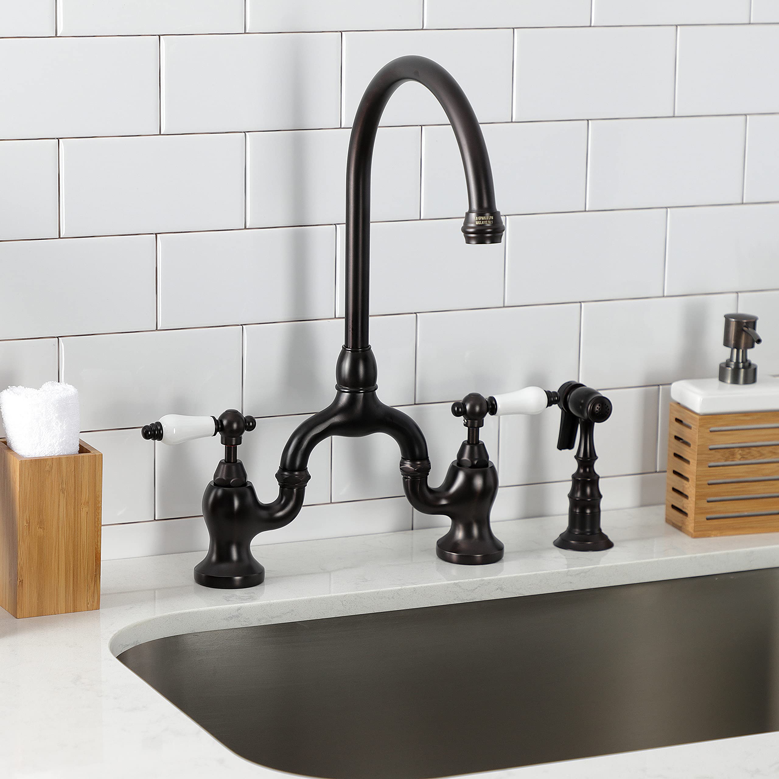Kingston Brass KS7795PLBS English Country Bridge Kitchen Faucet with Brass Sprayer - Oil Rubbed Bronze Finish - 8 x 7.75 x 16.81 Inches - Perfect for Farmhouse, Cottage & Traditional Kitchen Sinks