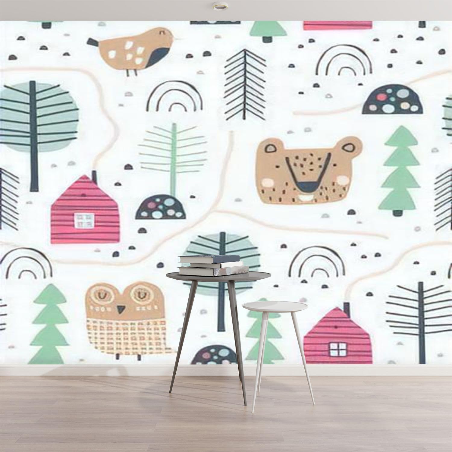 3D Modern Peel and Stick Wallpaper - Cute Animal & Tree Scandinavian Style Hand-Drawn Removable Wall Mural for Living Room, Kids Bedroom Decor | Easy DIY Home Decoration, Nursery Wall Stickers, Rental Friendly Wall Covering