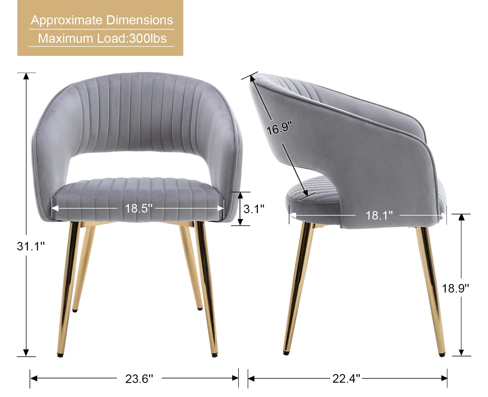 Modern Velvet Dining Chairs with Gold Metal Legs - Set of 4 Grey Upholstered Kitchen & Dining Room Chairs with Hollow Back Design - Elegant Accent Chairs for Living Room, Kitchen, Dining Area & Home Decor (Grey, 4 Pack)