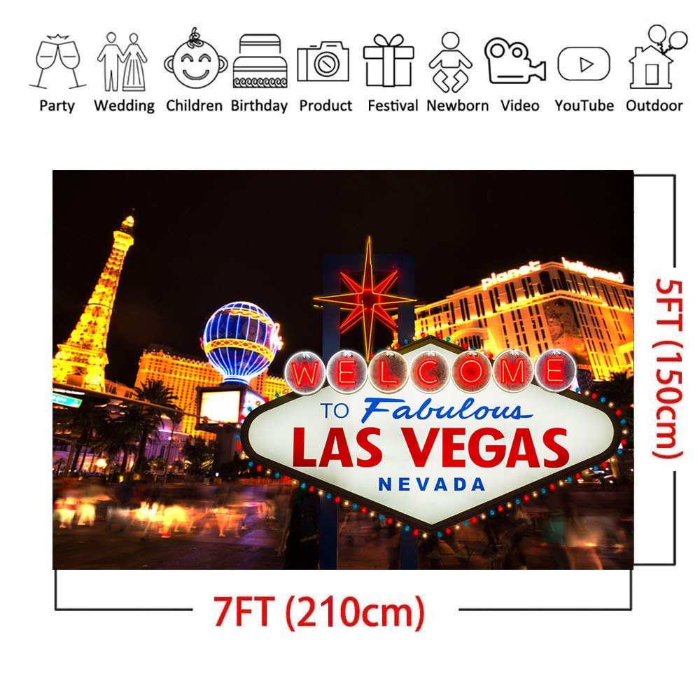 7x5ft Las Vegas Casino Night Photography Backdrop - City Billboard Banner for Party Decor, Photo Booth Props & Studio Background (Vinyl Material) - Perfect for Themed Events, Birthday Parties & Professional Photography